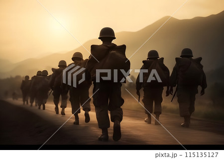 military soldiers company in the field. Neural network AI generated art 115135127