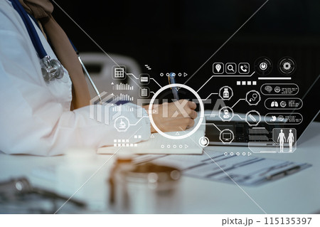 Medicine doctor hand working with modern digital tablet computer and smartphone interface as medical network concept. 115135397