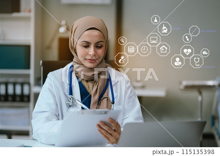 Medicine doctor hand working with modern digital tablet computer and smartphone interface as medical network concept. 115135398