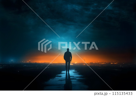 Man's silhouette in rays of light. Neural network AI generated art Man's silhouette in rays of light. Neural network AI generated art 115135433