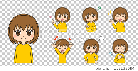 Anime-style female character illustrations in various poses set vector white background cute variation Anime-style female character illustrations in various poses set vector white background cute variation 115135694