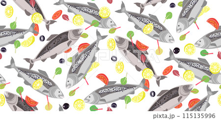 Red fish, sliced vegetables seamless pattern Red fish, sliced vegetables seamless pattern 115135996