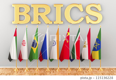 BRICS summit, flags of all new members BRICS. 3D rendering BRICS summit, flags of all new members BRICS. 3D rendering 115136228