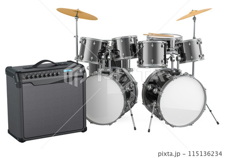 Drum kit with Instrument Amplifier, 3D rendering 115136234