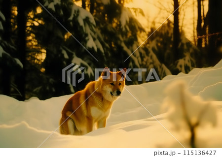 Cute and funny dog playing and jumping in the snow. Outdoor winter happiness. Neural network AI generated art 115136427