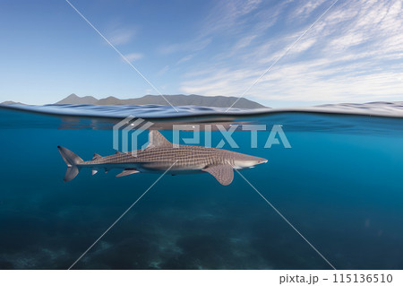 Great white Shark posing in the deep blue water. Neural network AI generated art Great white Shark posing in the deep blue water. Neural network AI generated art 115136510