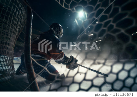 ice hockey goalkeeper player on goal in action. Neural network AI generated art ice hockey goalkeeper player on goal in action. Neural network AI generated art 115136671