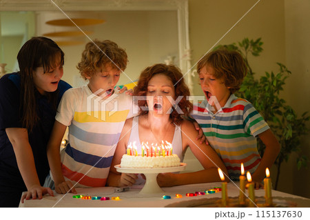 Child birthday party cake. Family with kids. 115137630