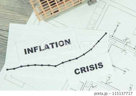 Inscriptions crisis and inflation, small house under construction on electrical diagrams of house Inscriptions crisis and inflation, small house under construction on electrical diagrams of house 115137717