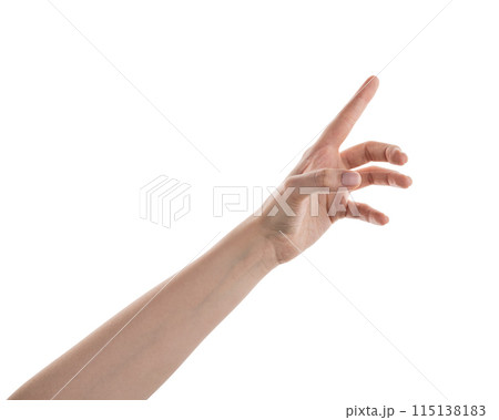 Female hand reaching something isolated on white Female hand reaching something isolated on white 115138183