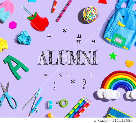 Alumni theme with school supplies on a purple background 115138580