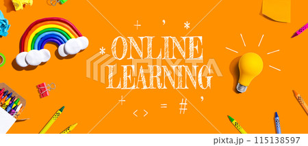 Online Learning theme with school supplies - flat lay Online Learning theme with school supplies - flat lay 115138597