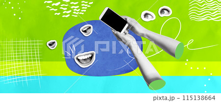 Person using a smartphone with eyes and mouth Person using a smartphone with eyes and mouth 115138664