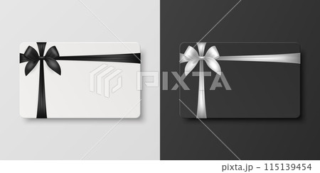 Vector 3D Realistic Blank Gift Card and Gift Certificate Template with Silk White and Black Ribbon and Satin Bow. Greeting or Sale Card, Isolated. Birthday, Christmas, Party Gifts, Invitation Concept 115139454