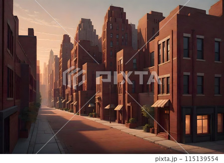 Serene empty urban street scene at sunset with brownstone buildings and warm glowing windows with visible city skyline, Generative AI. Serene empty urban street scene at sunset with brownstone buildings and warm glowing windows with visible city skyline, Generative AI. 115139554