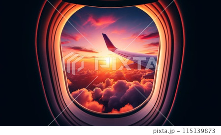飛行機の窓から見える夕日のイラスト素材 [115139873] - PIXTA