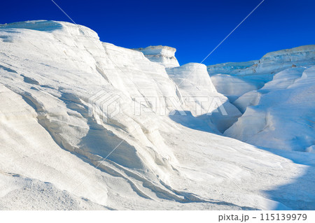 White chalk cliffs in Sarakiniko, Milos island, Cyclades, Greece White chalk cliffs in Sarakiniko, Milos island, Cyclades, Greece 115139979