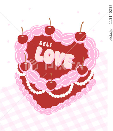 Coquette Retro Self Love Cake Illustration Groovy Coquette Design with cherry and bow. 115140252