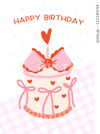 Retro Birthday Cake Illustration Groovy Coquette Design with Pink Bows, Happy birthday card idea. 115140254