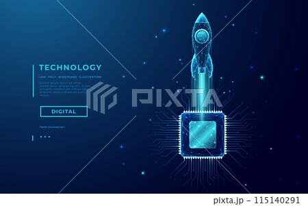 Abstract rocket, light CPU processor on technology blue background.  115140291