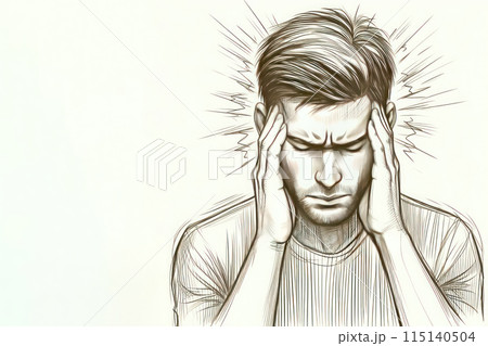 A man holds his head with his hands in pain. Space for text. 115140504