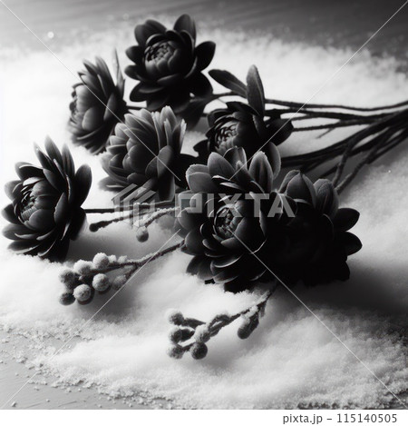 Black flowers lying on the snow. 115140505