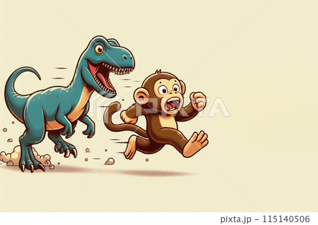 A dinosaur chases a monkey. Space for text. 115140506