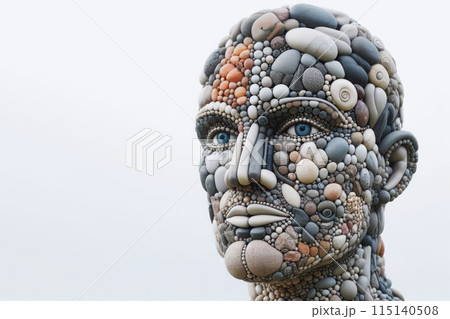 A man's head made of different stones on a light background. Space for text. 115140508