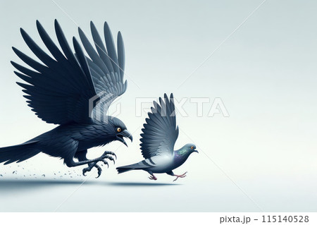 A crow chases a pigeon. Space for text. 115140528