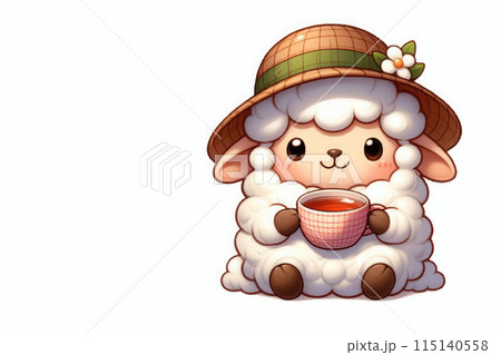 Little sheep in a hat sitting with a cup of tea. Space for text. Little sheep in a hat sitting with a cup of tea. Space for text. 115140558
