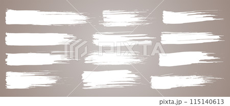 Paint brush. White ink grunge brush strokes. Vector paintbrush set. Grunge design elements. Painted ink stripes. Creative isolated spots. Ink smudge abstract shape stains and smear set 115140613