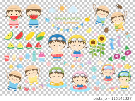 夏のイラスト素材セット、子供と食べ物と自然と海 115141327