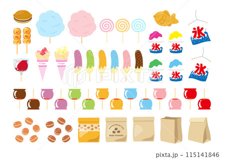 かわいい屋台の食べ物お菓子のイラストセット かわいい屋台の食べ物お菓子のイラストセット 115141846