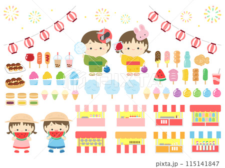 夏祭りの屋台と食べ物とかわいい子どもたちのイラスト素材のセット 115141847