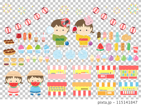 A set of illustrations of summer festival stalls, food and cute children A set of illustrations of summer festival stalls, food and cute children 115141847
