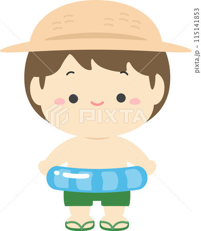 麦わら帽子をかぶり浮き輪を持った水着の男の子02 115141853