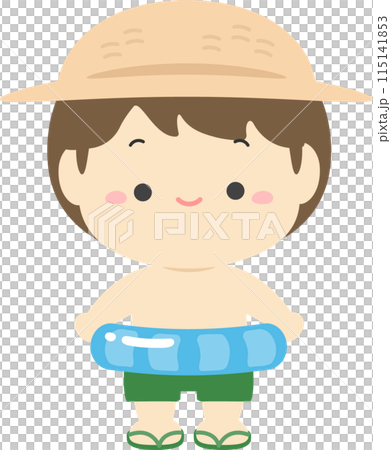 麦わら帽子をかぶり浮き輪を持った水着の男の子02 115141853