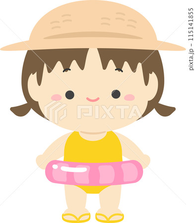 麦わら帽子をかぶり浮き輪を持った水着の女の子02 115141855