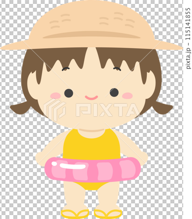 麦わら帽子をかぶり浮き輪を持った水着の女の子02 115141855