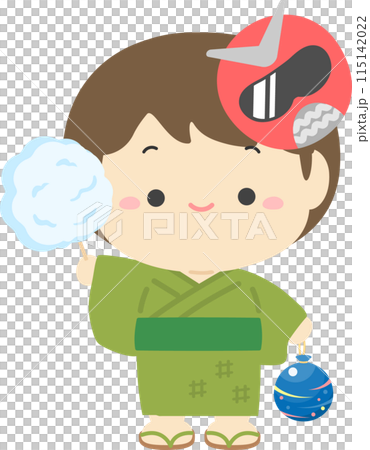 A boy wearing a yukata and a mask, Japanese summer festival character illustration material 04 115142022