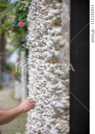 A persons hand making contact with a textured wall in an outdoor environment adorned with flowers A persons hand making contact with a textured wall in an outdoor environment adorned with flowers 115142051