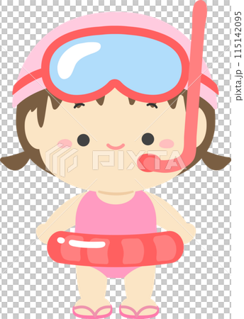 A girl in a swimsuit wearing a snorkel and holding a swim ring_Illustration material of a child on summer vacation 02 115142095