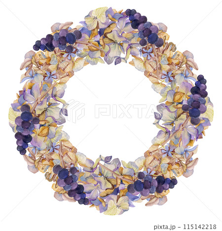 Hand drawn watercolor illustration shabby boho botanical flowers leaves. Hortensia hydrangea buckthorn elderberry berries. Wreath round frame isolated on white background. Design wedding, love cards Hand drawn watercolor illustration shabby boho botanical flowers leaves. Hortensia hydrangea buckthorn elderberry berries. Wreath round frame isolated on white background. Design wedding, love cards 115142218