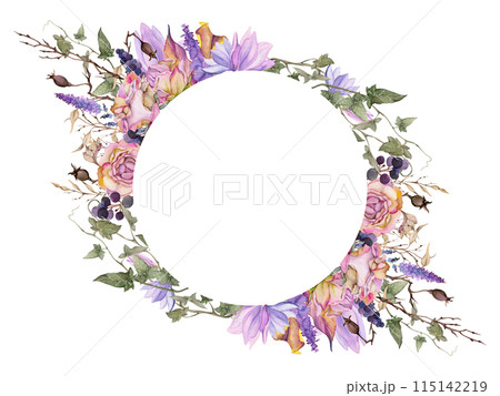 Hand drawn watercolor illustration shabby boho botanical flowers leaves. Rose crocus saffron ivy lunaria veronica lavender berries. Wreath frame isolated white background. Design wedding, love cards Hand drawn watercolor illustration shabby boho botanical flowers leaves. Rose crocus saffron ivy lunaria veronica lavender berries. Wreath frame isolated white background. Design wedding, love cards 115142219