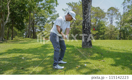 Golfer are playing game golf and hitting go on green grass mountain background. Golfer are playing game golf and hitting go on green grass mountain background. 115142223