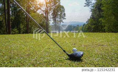 Golfer are playing game golf and hitting go on green grass mountain background. 115142231