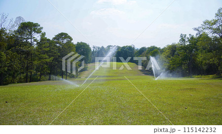 View of Golf Course with beautiful putting green. Golf course with a rich green turf beautiful scenery. 115142232