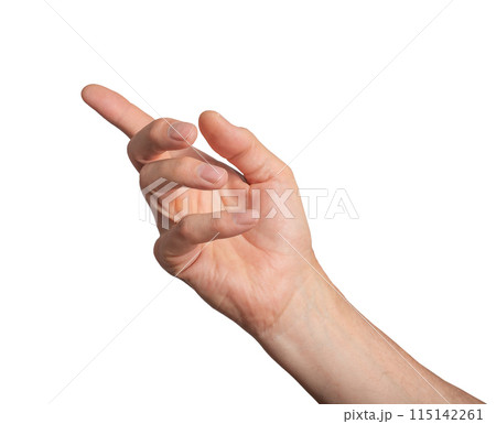 Fingers hand communicate gesture person. Showing symbol adult sign pointing arm isolated white. Body 115142261