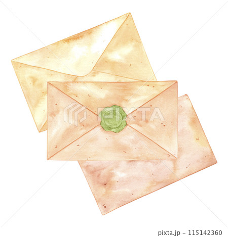 Hand drawn watercolor letters with sealing seal isolated on white background. Can be used for cards, scrapbook and other printed products. 115142360