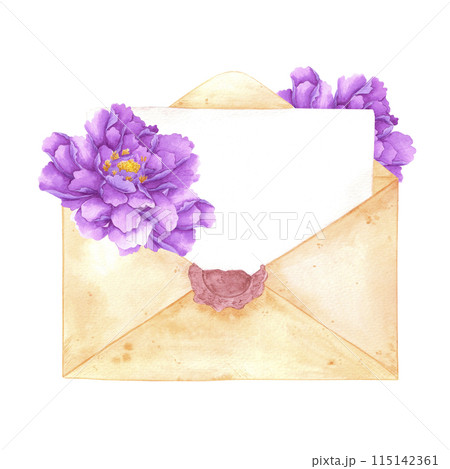 Hand drawn watercolor letter with purple peony flowers isolated on white background. Can be used for cards, scrapbook and other printed products. 115142361